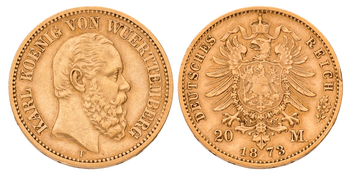 German states. Württemberg. Charles I. 20 Mark. 1873. XF +.