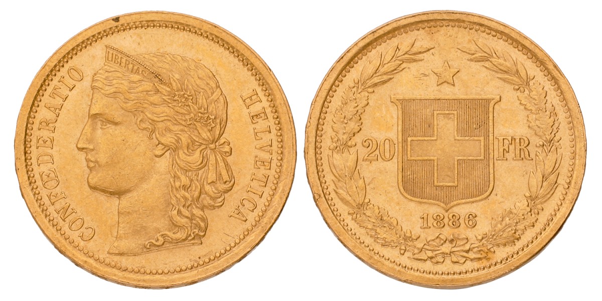 Switzerland. 20 Francs. 1886. XF -.