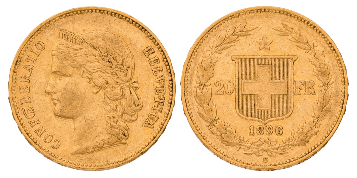 Switzerland. 20 Francs. 1896. VF / XF.