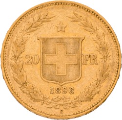 Switzerland. 20 Francs. 1896. VF / XF.