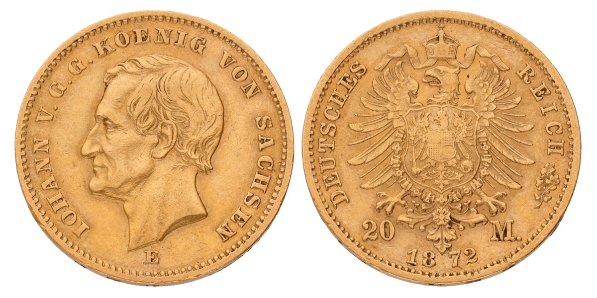 German states. Saxony. Johann V. 20 Mark. 1872 E. VF +.