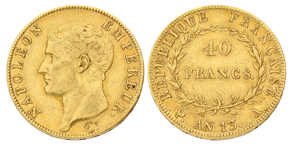 France. Napoleon Boaparte. 40 Francs. An 13 A. VF / XF.