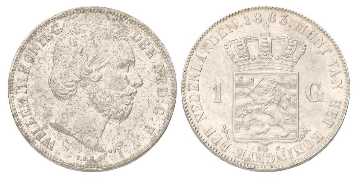 1 Gulden. Willem III. 1863. Prachtig +.