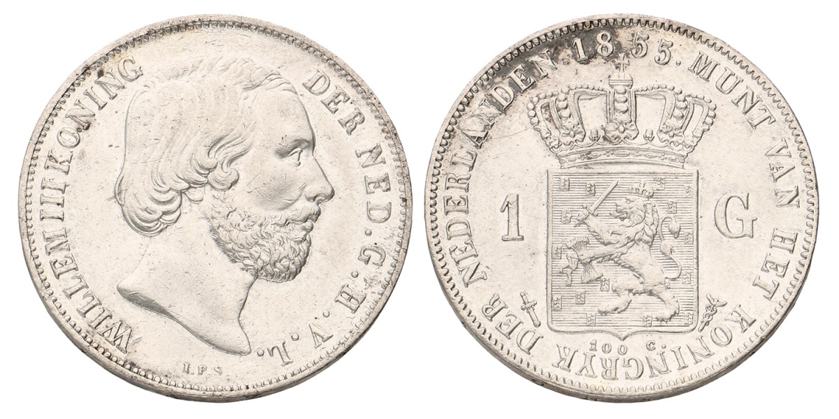 1 Gulden. Willem III. 1855. Prachtig +.