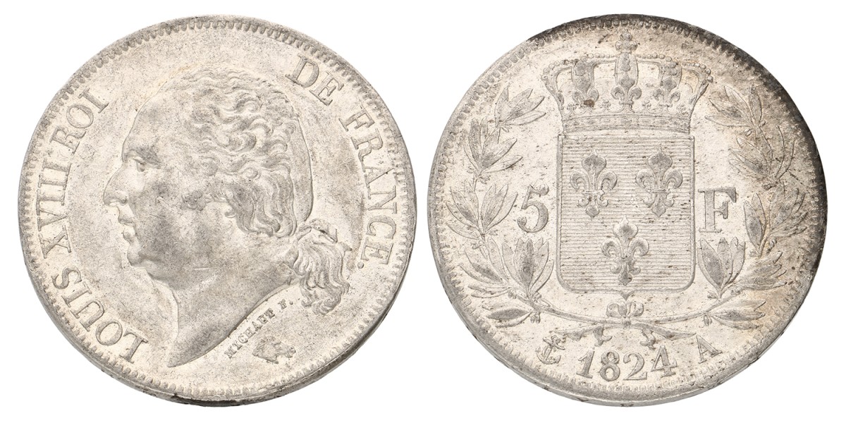 France. Louis XVIII. 5 Francs. 1824 A. XF -.