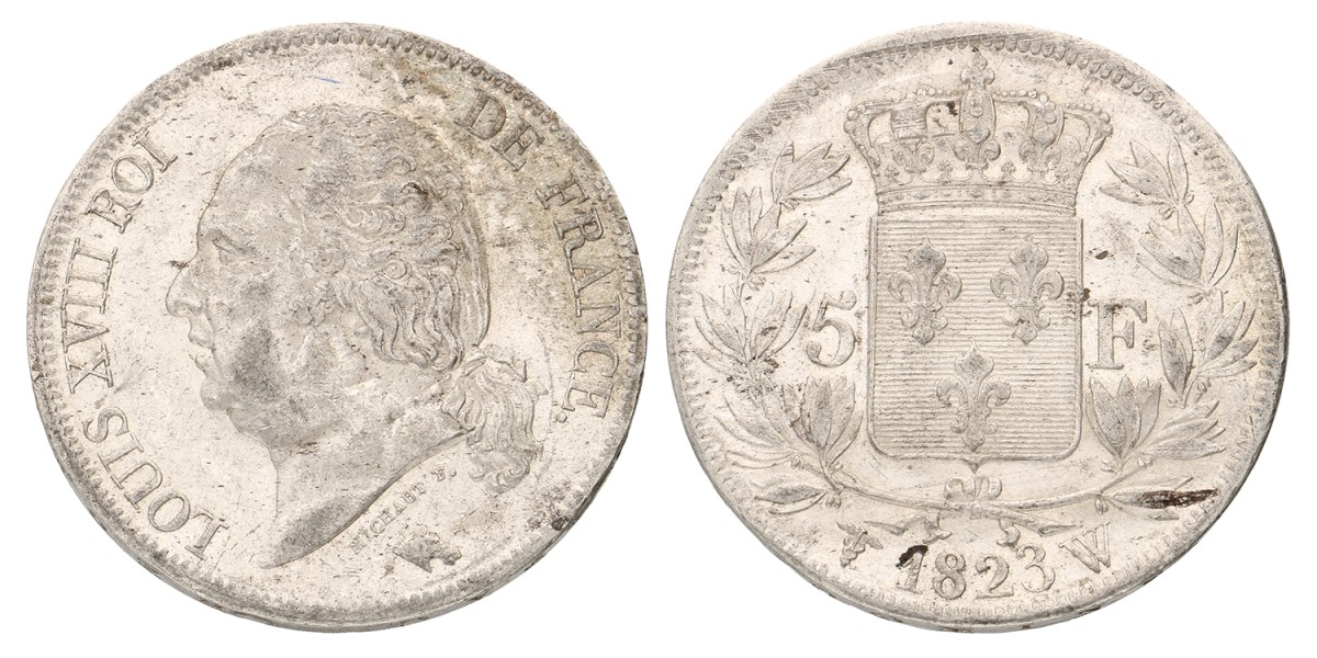 France. Lille. Louis XVIII. 5 Francs. 1823 W. VF / XF.