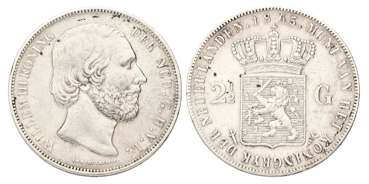 2½ Gulden. Willem III. 1863. Zeer Fraai / Prachtig.