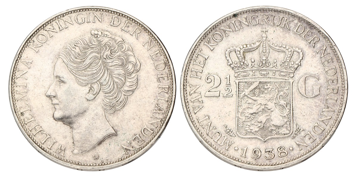 2½ Gulden. Wilhelmina. 1938 Grofhaar. Zeer Fraai / Prachtig.