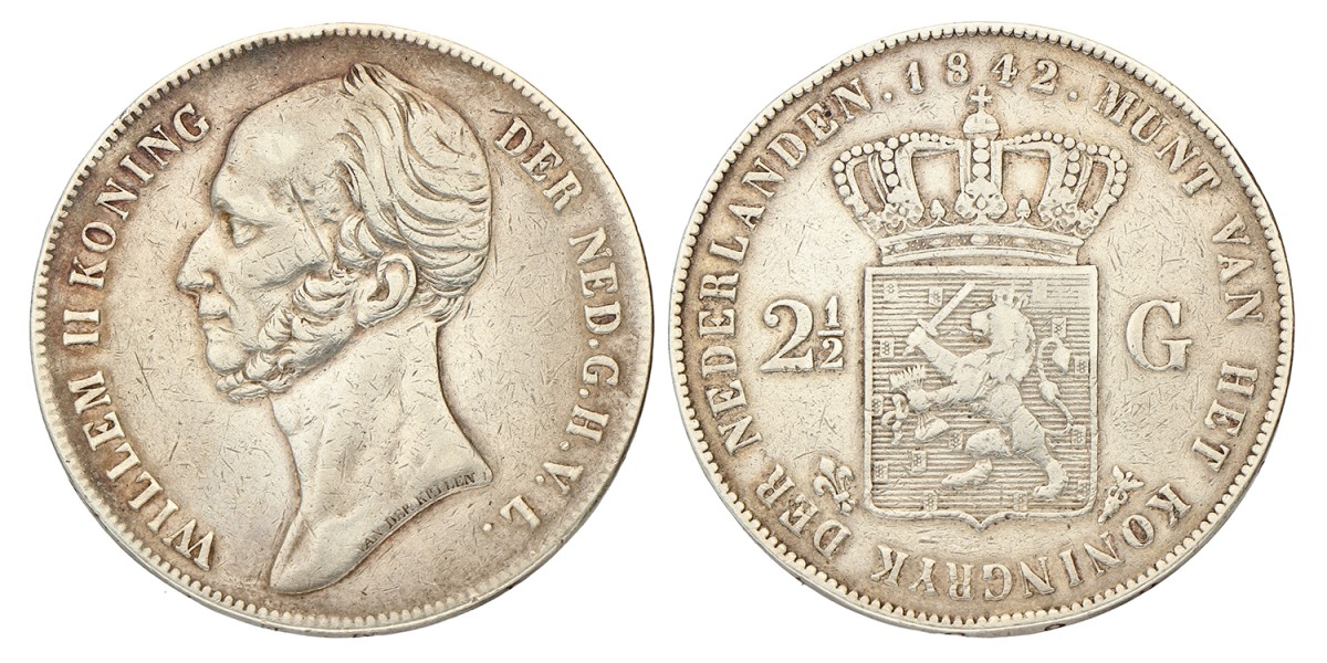 2½ Gulden. Willem II. 1842. Zeer Fraai +.