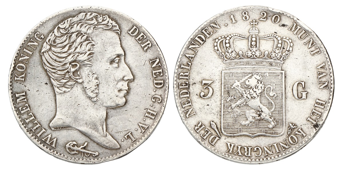 3 Gulden. Willem I. 1820. Zeer Fraai.