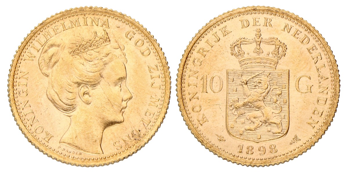 10 Gulden. Wilhelmina. 1898 With dot. XF +.