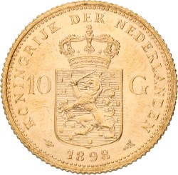 10 Gulden. Wilhelmina. 1898 With dot. XF +.