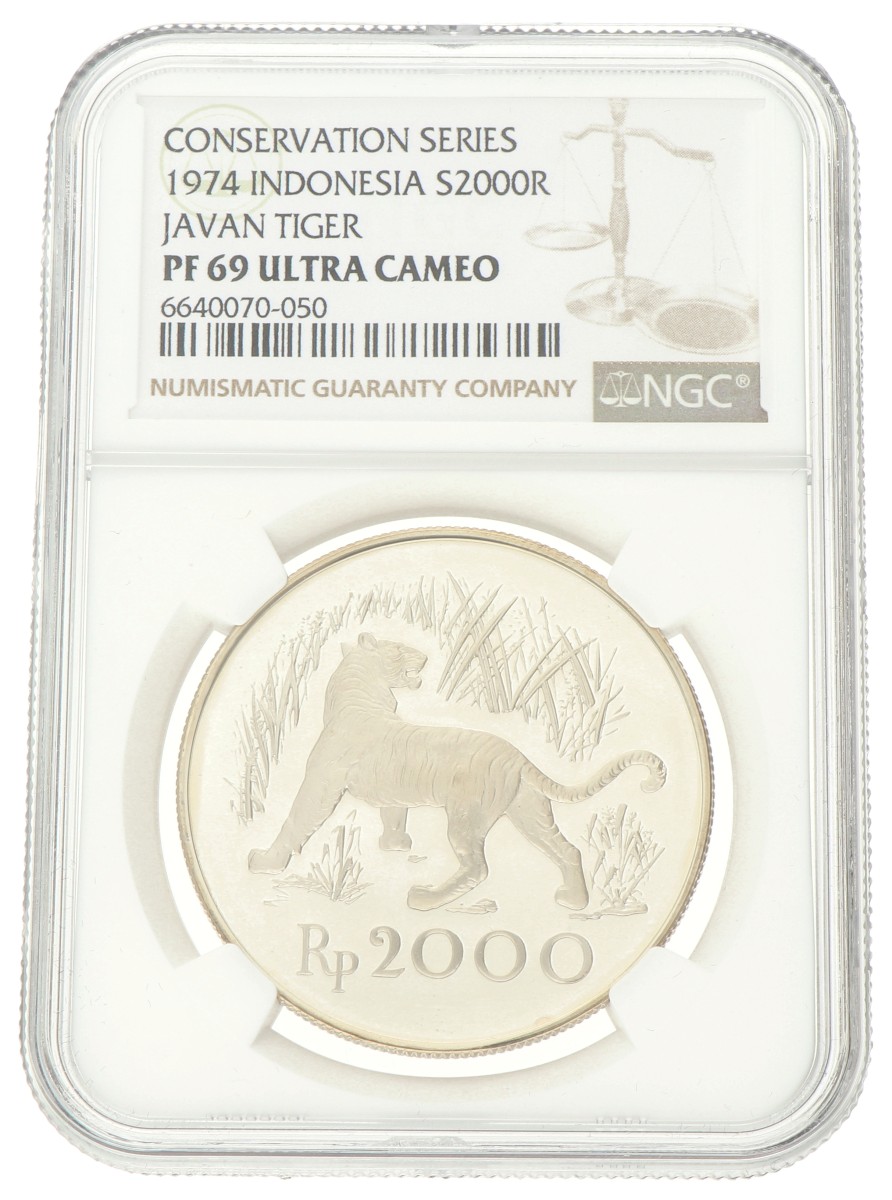 Indonesia. 2000 Rupiah - Javan Tiger. 1974. PF 69 Ultra Cameo.