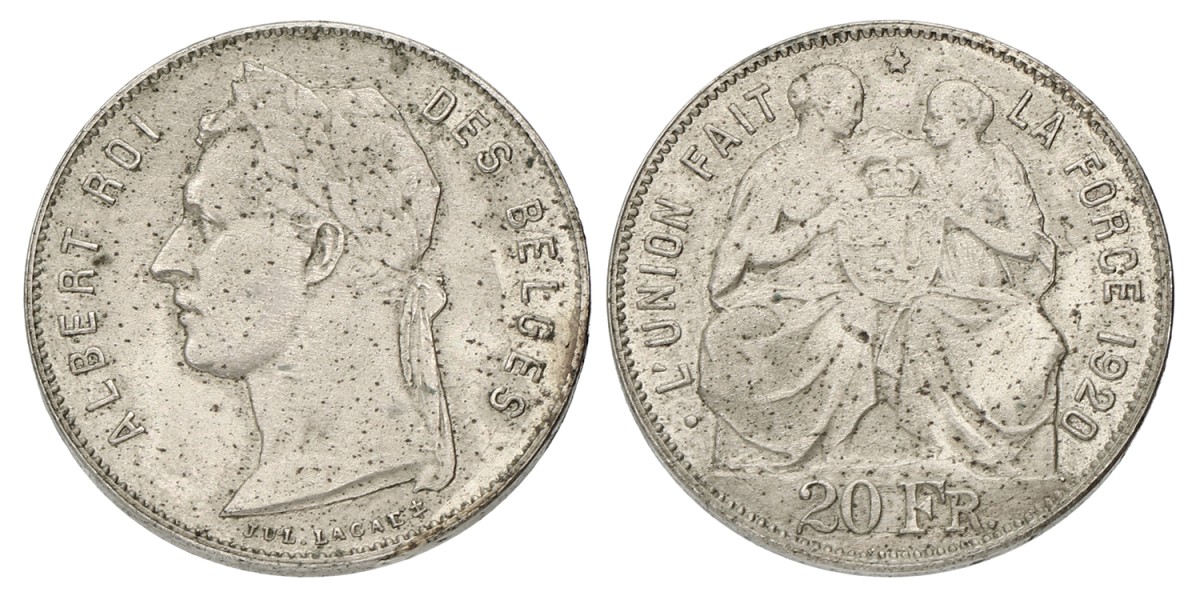 Belgium. Albert I. 20 Francs - Essai of Lagae in Nickel. 1920 FR. VF.