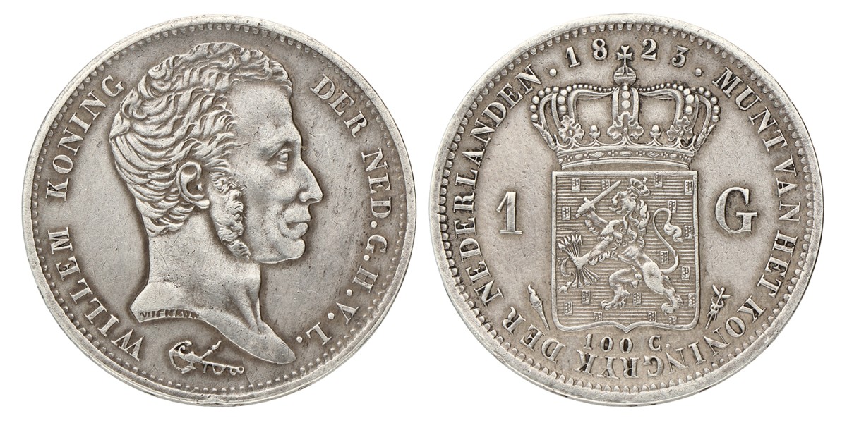 1 Gulden. Willem I. 1823 U. Zeer Fraai +.