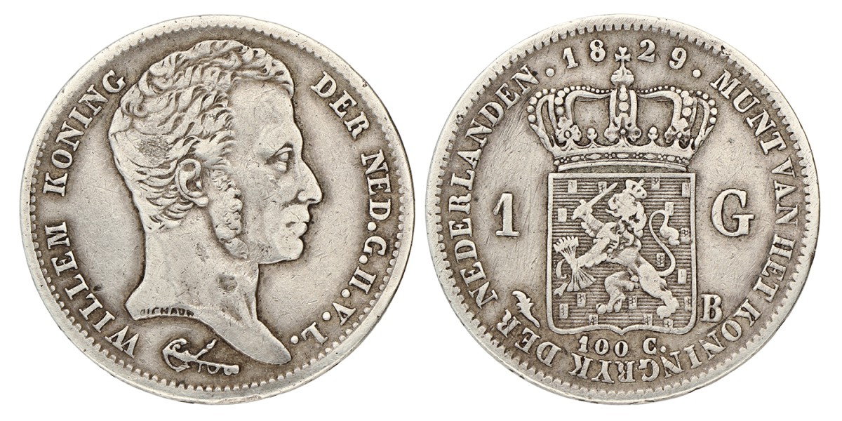 1 Gulden. Willem I. 1829 B. Zeer Fraai.