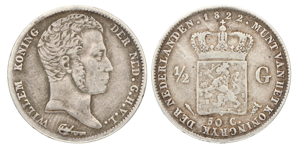 ½ Gulden. Willem I. 1822U a. Zeer Fraai -.