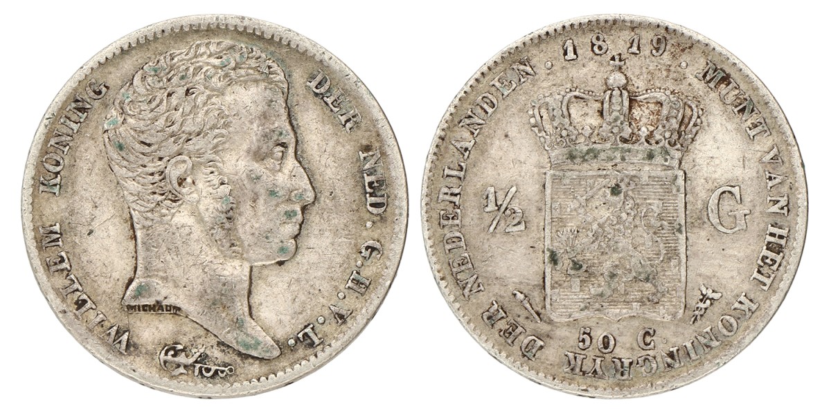 ½ Gulden. Willem I. 1819U. Zeer Fraai +.