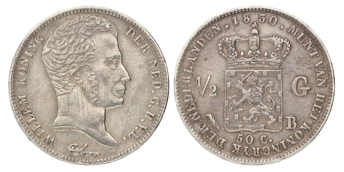 ½ Gulden. Willem I. 1830 B. Zeer Fraai.