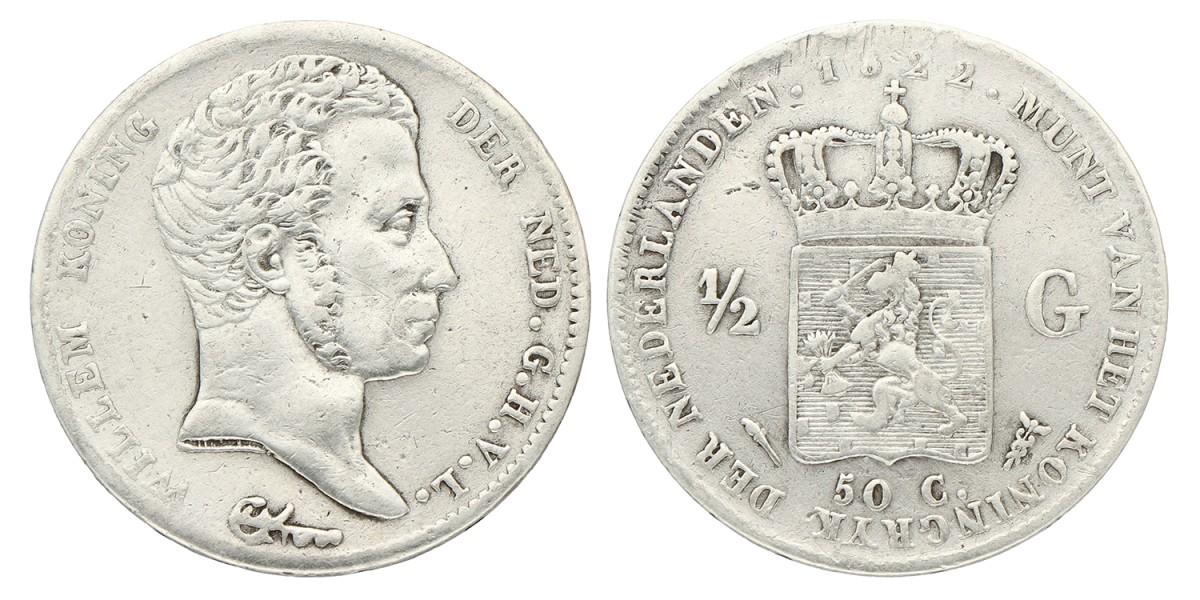 ½ Gulden. Willem I. 1822U a. Zeer Fraai -.