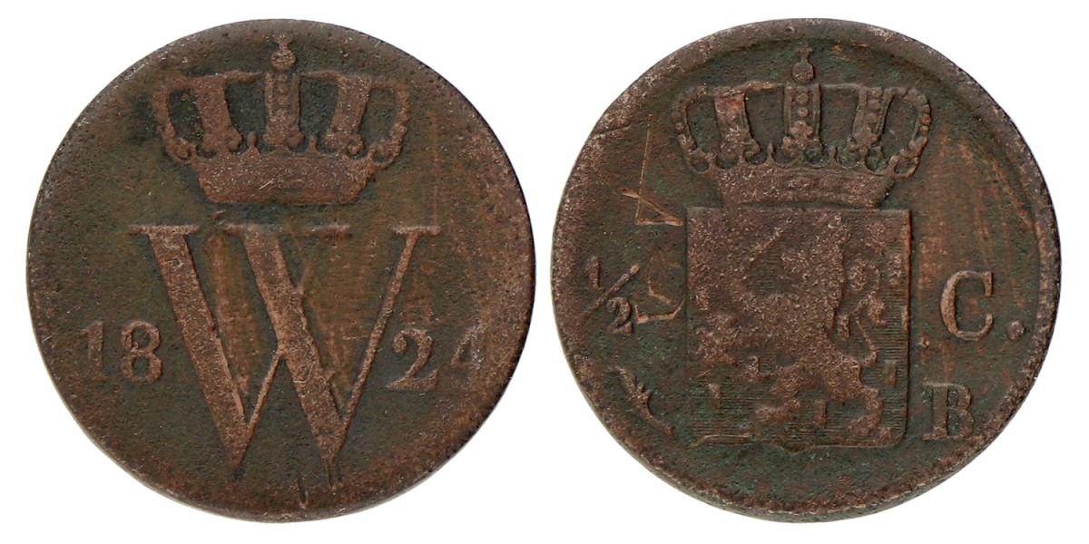 ½ Cent. Willem I. 1824 B. Zeer Fraai.