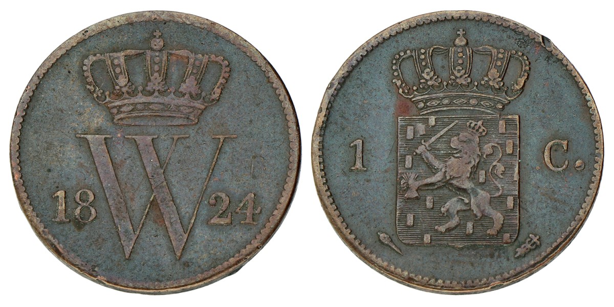 1 Cent. Willem I. 1824. Zeer Fraai +.