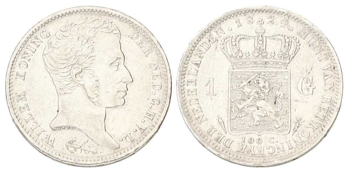 1 Gulden. Willem I. 1824U Met streepje. Prachtig -.