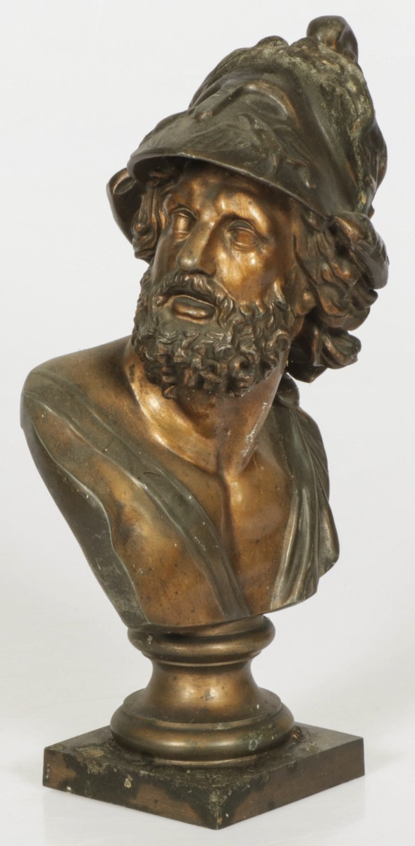 Een in ZAMAK gegoten buste voorstelllende Ajax, naar Giambologna, 1e helft 20e eeuw.