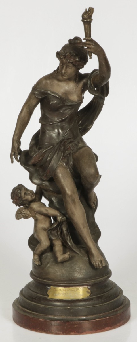 Naar Léon Pillet (Paris 1803 - 1868 Venice), Een gebronsd ZAMAK gietstuk, L'Aurore, Frankrijk, begin 20e eeuw.