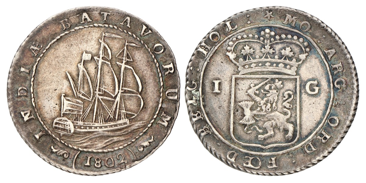 1 Gulden. Nederlands-Indië. 1802 - Grote mast onder T. Zeer Fraai +.