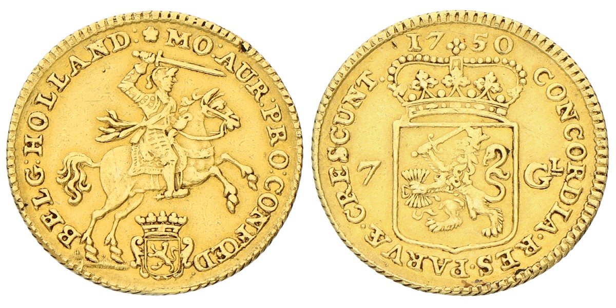Halve gouden rijder van 7 gulden. Holland. 1750. Zeer Fraai -.