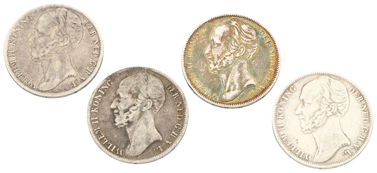 Lot (4) 1 Gulden. Willem II. 1845 & 1846. Average VF