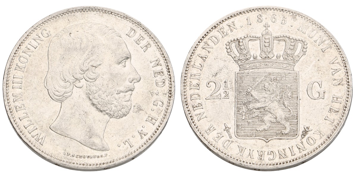 2½ Gulden. Willem III. 1865 - Zonder punt tussen IP. Prachtig -.