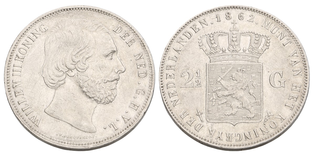 2½ Gulden. Willem III. 1862 - Zonder punt tussen IP. Prachtig -.