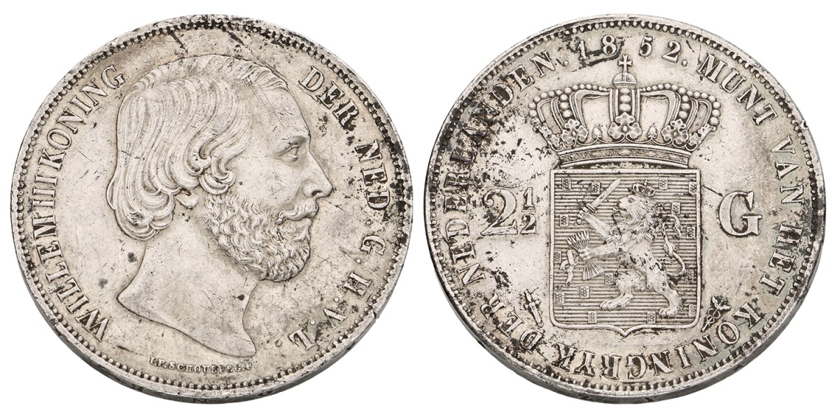 2½ Gulden. Willem III. 1852 Met punt tussen IP. Prachtig.