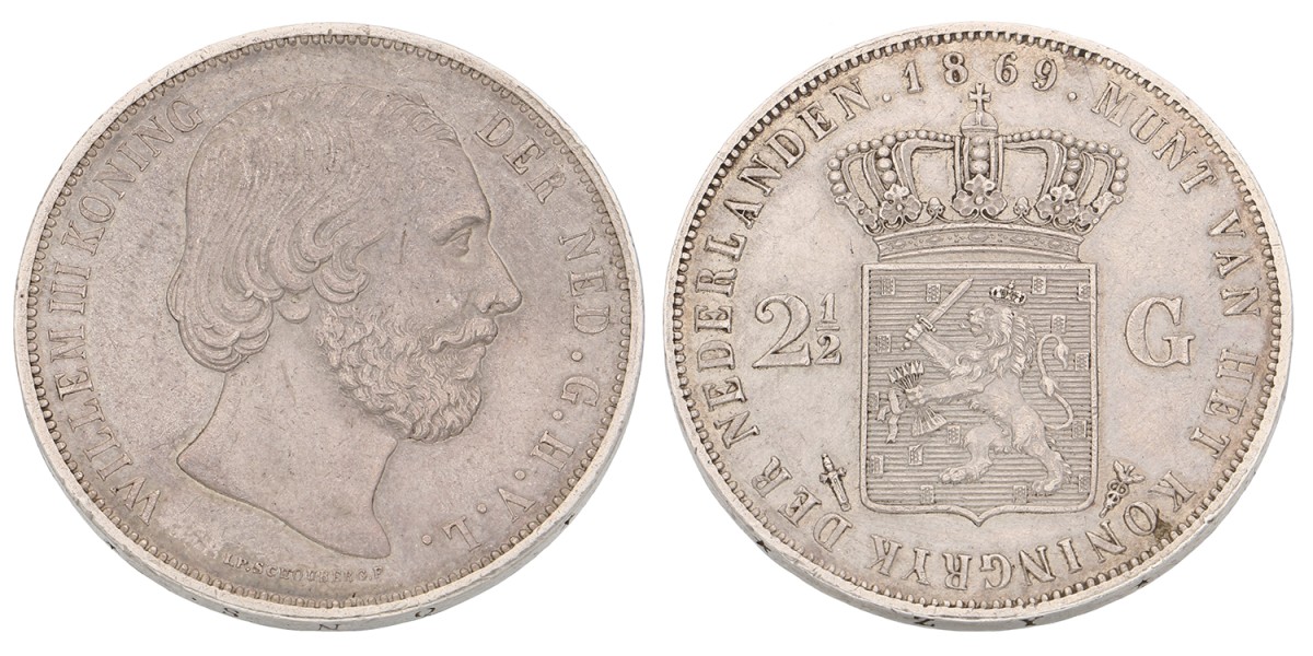 2½ Gulden. Willem III. 1869. Prachtig -.