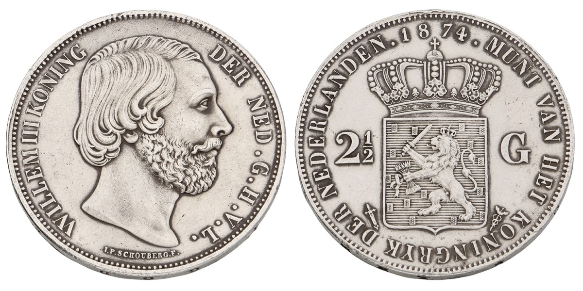 2½ Gulden. Willem III. 1874. Prachtig +.