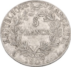 France. Bayonne. Napoleon Bonaparte. 5 Francs. 1807 L. VF.