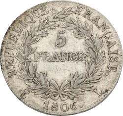 France. Napoleon Bonaparte. 5 Francs. 1806 L. VF.