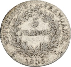 France. Napoleon Bonaparte. 5 Francs. 1806 L. VF.