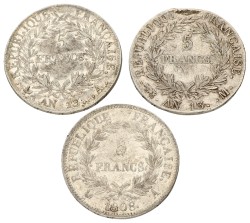 France. Napoleon Bonaparte. Lot (3) 5 Francs. VF - XF.