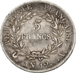 France. Paris. Napoleon Bonaparte. 5 Francs. An 12 A. VF -.