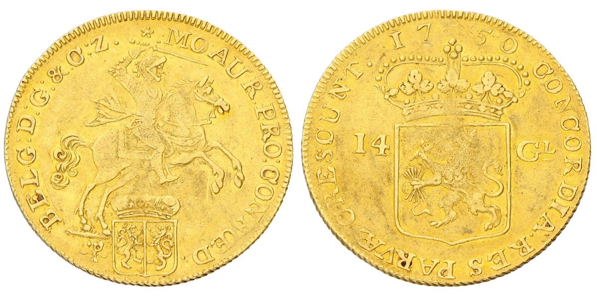 Gouden rijder van 14 gulden. Gelderland. 1750. Zeer Fraai +.