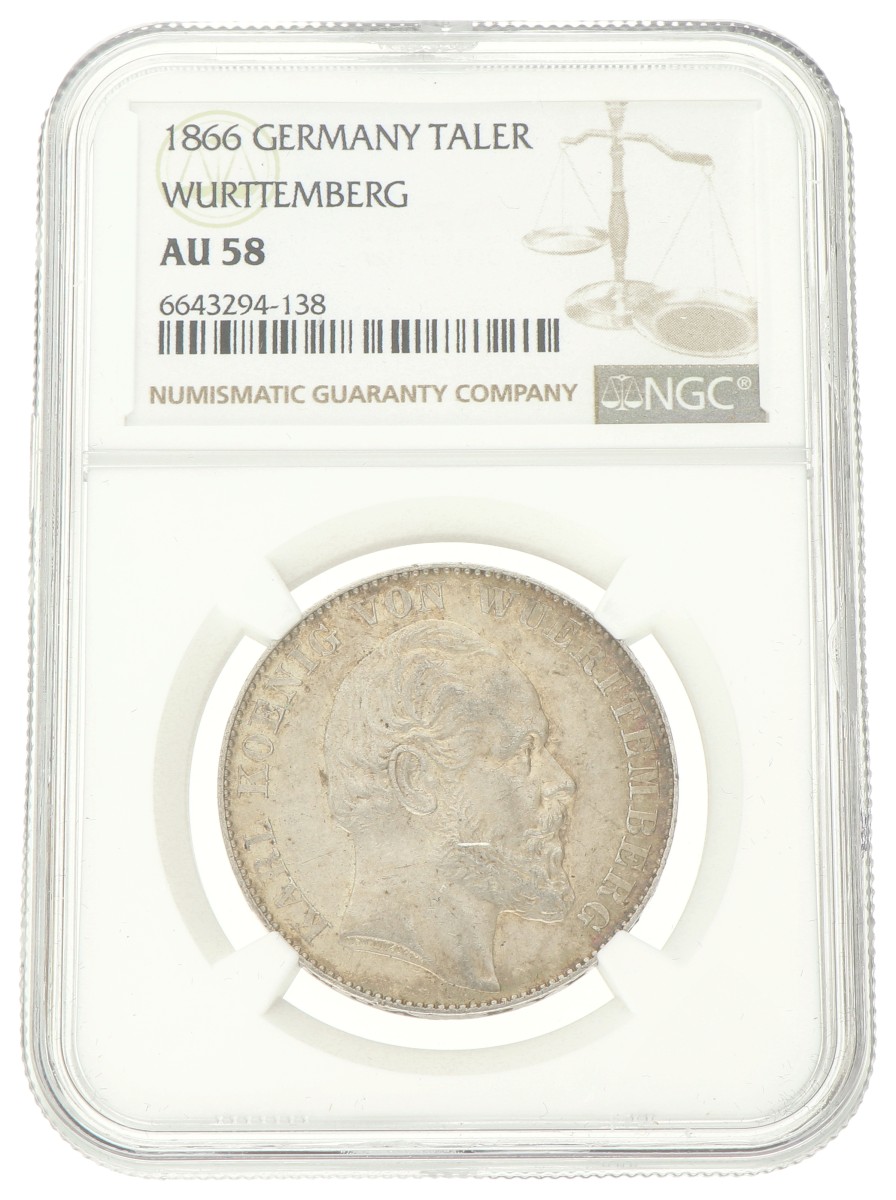 German states. Württemberg. Karl. Thaler. 1866. AU 58.