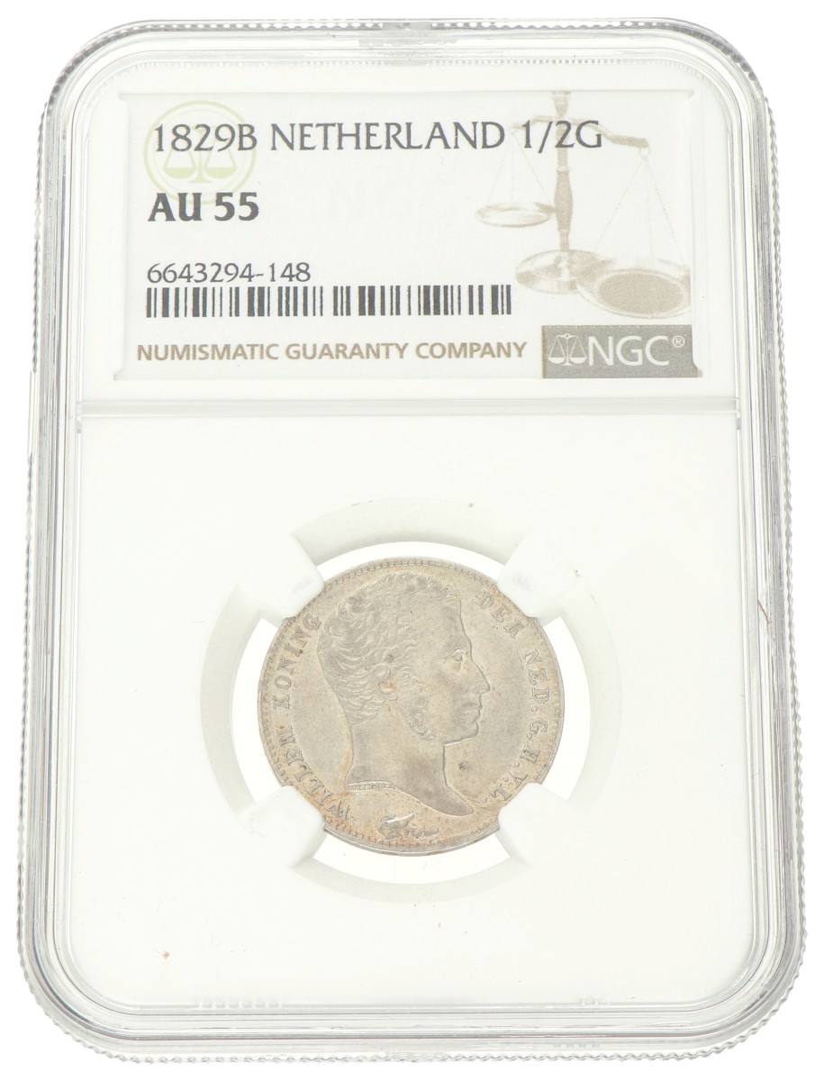 ½ Gulden. Willem I. 1829B met naam. AU 55.