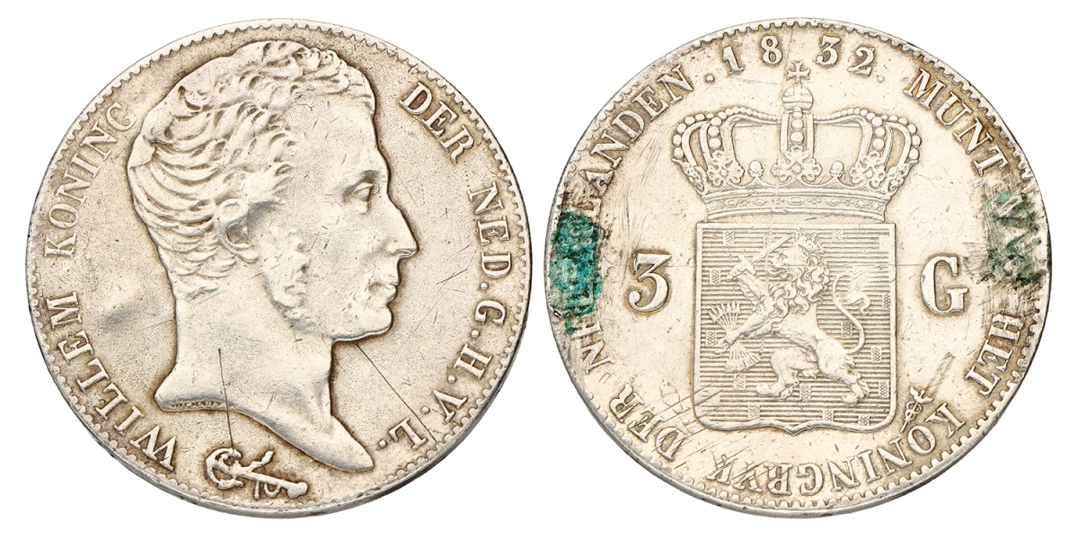 3 Gulden. Willem I. 1832. Zeer Fraai -.