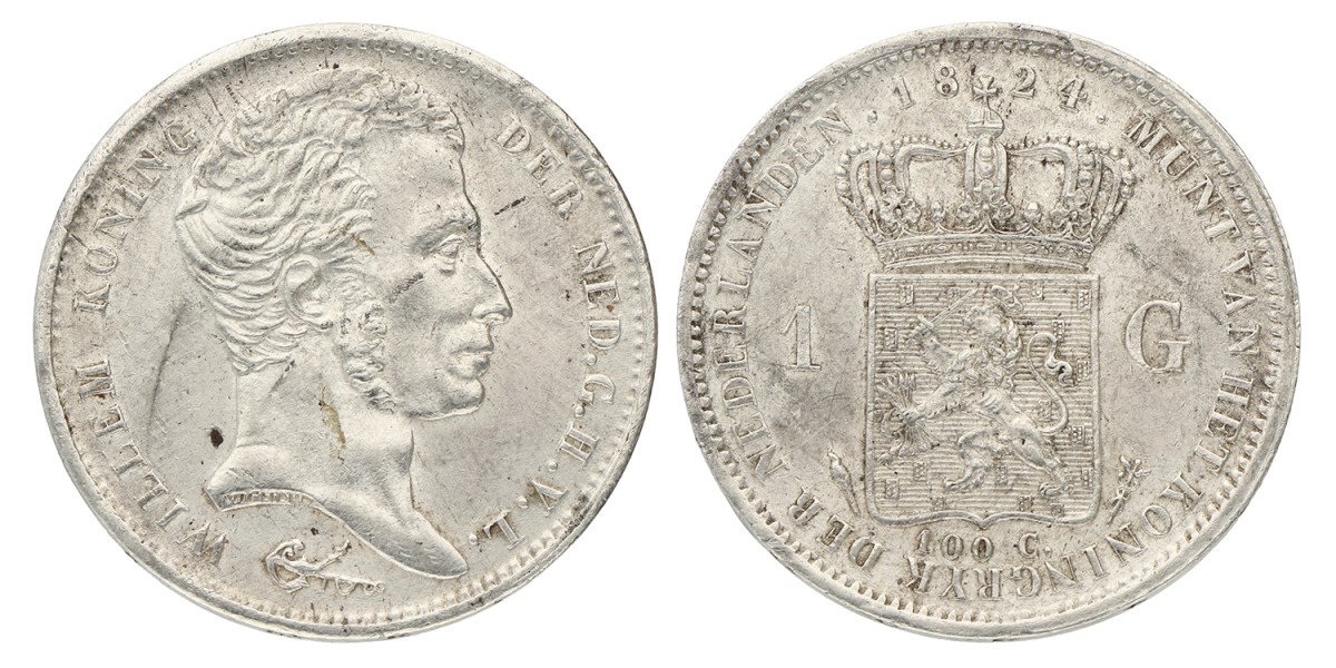 1 Gulden. Willem I. 1824 U a. Zeer Fraai.