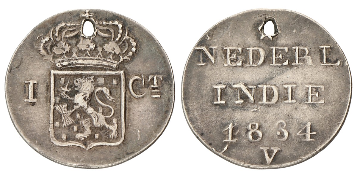 1 Cent - Afslag in zilver. Nederlands-Indië. Willem I. 1834 V. Prachtig.