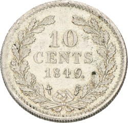 10 Cent. Willem II. 1849 Met punt achter jaartal. Prachtig +.