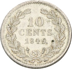 10 Cent. Willem II. 1849 Met punt achter jaartal. Prachtig +.